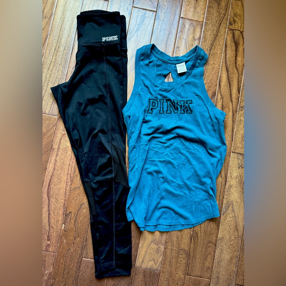 PINK by Victoria’s Secret tank with open back Sz S and black pant with mesh Sz S